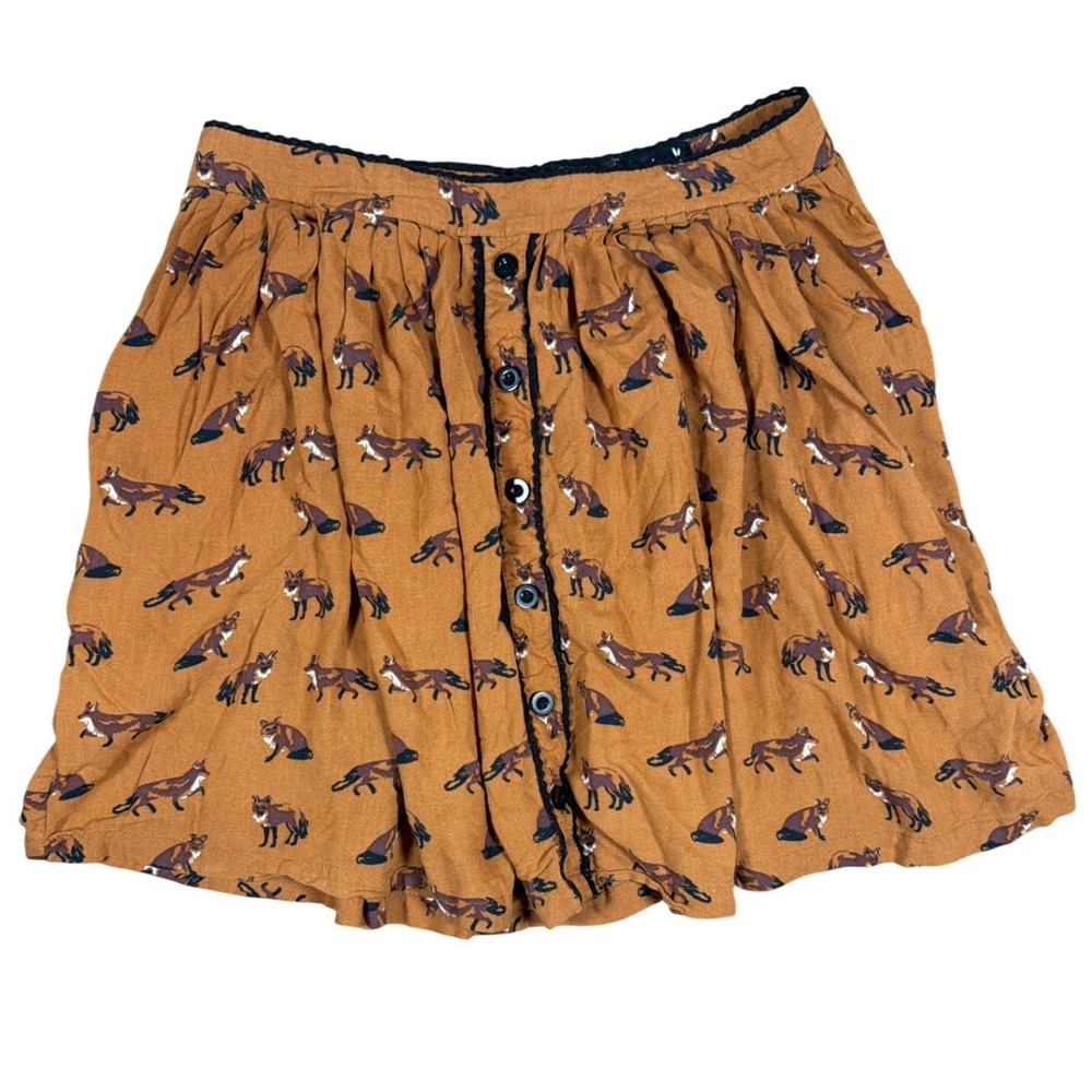 Hell Bunny Fox Print Mini Skirt Burnt Orange Crochet Trim Button Front Size L 14